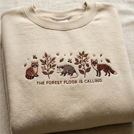 Forest Animals Embroidered Sweatshirt, Cottagecore Woodland Shirt, Raccoon Fox Opossum Crewneck, Fall Nature Lover Gift