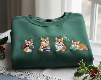 Sudadera con bordado floral de Welsh Corgi, suéter de perro amante de los libros, regalo acogedor para lectores, sudadera con capucha para ratones de biblioteca.