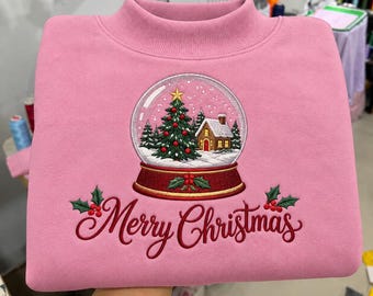 Embroidered Snow Globe Christmas Sweatshirt, Merry Christmas Winter Pink Crewneck, Cozy Holiday Tree Sweater, Cute Xmas Family Gift Pullover