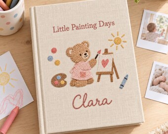 Personalized Painting Bear Hand Embroidered Photo Album, Painting Days Book, Baby Shower Gift
