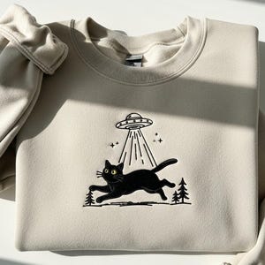 UFO Black Cat Embroidered Sweatshirt, Alien UFO Crewneck, Alien Abduction Crewneck for Cat Lovers, Space Shirt For Women, Cute Cat Hoodie