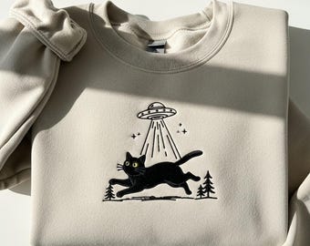UFO Black Cat Embroidered Sweatshirt, Alien UFO Crewneck, Alien Abduction Crewneck for Cat Lovers, Space Shirt For Women, Cute Cat Hoodie