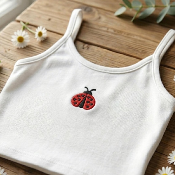 【新品タグ付】Heve ヘイヴLadybug Tops レディバグトップス Ladybug Embroidered Tank Top, White Summer Cami, Cute Bug Shirt