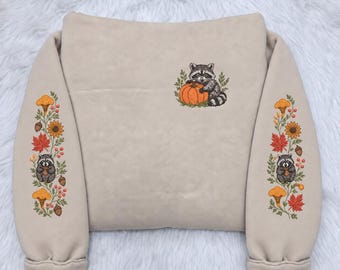 Embroidered Fall Raccoon Hoodie, Woodland Animal Sweatshirt, Floral Sleeve Pullover, Cottagecore Fall Hoodie, Nature Lover Gift for Her