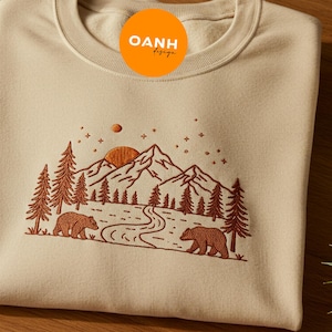 Embroidered Bear Mountain Sweatshirt, Hiking Crewneck, Nature Lover Gift, Outdoor Embroidery Shirt, Camping Sweater, Rustic Adventure Shirt