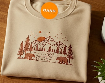 Besticktes Bären Berg Sweatshirt, Wandern Rundhalsausschnitt, Natur Liebhaber Geschenk, Outdoor Stickerei Shirt, Camping Pullover, Rustikales Abenteuer Shirt