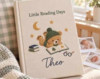 Personalized Reading Bear Hand Embroidered Photo Album, Reading Days Book, Baby Shower Gift
