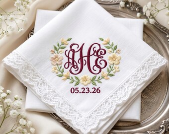 Personalized Embroidered Wedding Handkerchief, Custom Monogram Handkerchief, Bridal Keepsake Gift, Lace Wedding Hanky