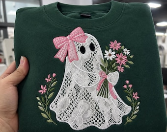 Embroidered Lace Ghost Sweatshirt, Coquette Bow Ghost Crewneck, Cute Halloween Floral Jumper, Spooky Season Wildflower Cozy Gift Pullover