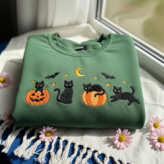 Embroidered Halloween Black Cat Sweatshirt, Cat Lovers Tee, Pumpkin Fall Hoodie, Spooky Season Shirt, Gift For Women, Autumn Vibes T-Shirt