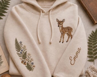 Embroidered Deer Fawn Hoodie, Custom Name Sleeve Woodland Sweatshirt, Cottagecore Botanical Fern Jumper, Cute Deer Nature Lover Gift