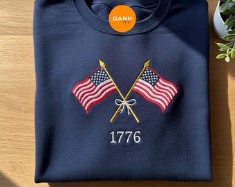 Camisa bordada com estampa da bandeira dos EUA, gola redonda para o 4 de julho, camiseta americana de 1776, camisa patriótica fofa, presente para o Dia da Independência, camiseta feminina dos EUA