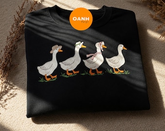 Gesticktes vier süßes Enten-Sweatshirt, gestickter Blumen-Pullover, süßes gesticktes Enten-Shirt, Geschenk für Tierliebhaber, Enten-Mama-Hoodie