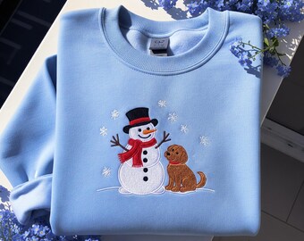 Geborduurd sneeuwpop hondensweater, leuke winter ronde hals voor hondenliefhebbers, kerstvakantie trui, sneeuw huisdier cadeau