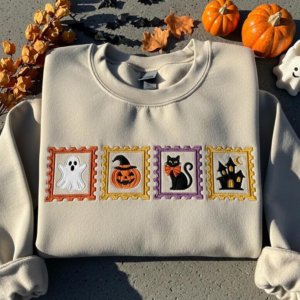Embroidered Ghost Pumpkin Cat Sweatshirt, Spooky Halloween Crewneck, Cozy Fall Tee, Autumn Lovers Shirt, Black Cat Hoodie, Gift for Women