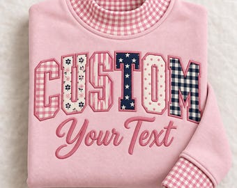 Custom Embroidered Applique Mockneck Sweatshirt Personalized Text Pink Crewneck, Gingham Collar Mama Teacher Nurse Sweater, Custom Name Gift