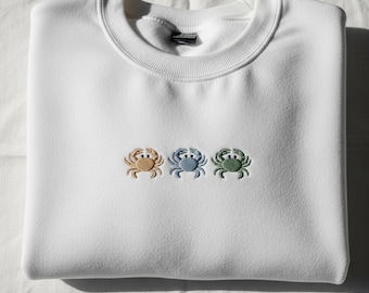 Krabben Trio besticktes Sweatshirt, Sea Life T-Shirt, Strand-Liebhaber-Shirt, Sommer-Ozean-Tier-Crewneck-Geschenk für Frauen, minimalistisches Küstenshirt