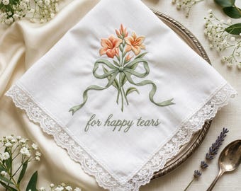 Wedding Handkerchief for Happy Tears, Embroidered Floral Hanky, Bridal Shower Gift, Lace Wedding Keepsake