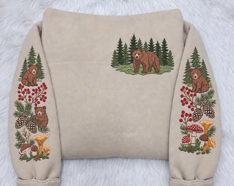 Embroidered Bear Hoodie, Woodland Animal Sweatshirt, Mushroom Pine Tree Sleeve Pullover, Cottagecore Nature Lover Gift