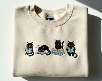 Black Cat Embroidered Sweatshirt, Book Lover Crewneck, Bookish Cat Reading Hoodie, Cozy Bookworm Tee, Animal Lover T-Shirt For Women