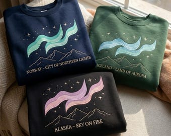 Northern Lights Embroidered Sweatshirt, Norway Iceland Alaska Aurora Shirt, Travel Gifts For Her