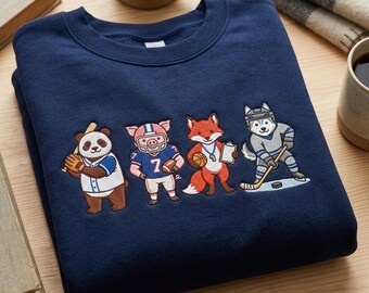 Sports Animals Embroidered Sweatshirt, Cute Team Mascot Crewneck, Kawaii Sports Sweater, Funny Animal Athlete Shirt