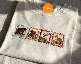 Respect Wildlife Embroidered T-Shirt, Forest Animal Stamp Bear Squirrel Deer Fox Shirt, Nature Wildlife Gift, Hiking Granola Aesthetic Tee