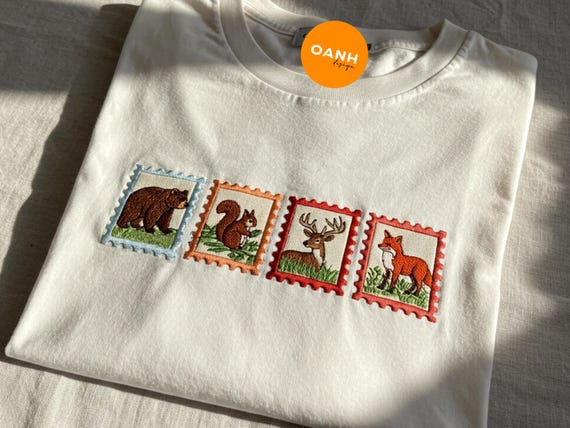 Respect Wildlife Embroidered T-Shirt, Forest Animal Stamp Bear Squirrel Deer Fox Shirt, Nature Wildlife Gift, Hiking Granola Aesthetic Tee