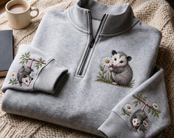 Embroidered Opossum Quarter Zip Pullover, Possum Daisy Sleeve Sweatshirt, Cozy Cottagecore Autumn Sweater, Woodland Animal Lover Gift Top