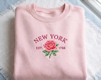 Sudadera bordada con rosa de Nueva York, cuello redondo de Nueva York, camisa con bordado floral.