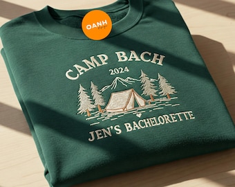 Benutzerdefiniertes Camp Bachelorette besticktes Sweatshirt, personalisiertes Vintage Camp Bach Rundhalsausschnitt, Wandern Brautparty Pullover, See Bachelorette