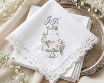 Personalized Wedding Cake Handkerchief, Embroidered Bridal Hanky, Custom Monogram Handkerchief, Lace Wedding Keepsake