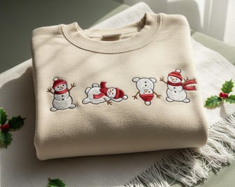 Sudadera navideña bordada con muñeco de nieve, Sudadera de invierno con muñeco de nieve, Suéter festivo y acogedor, Regalo de Navidad para mujer