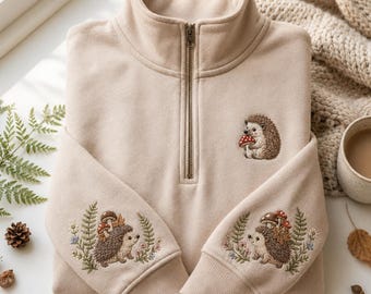 Embroidered Hedgehog Quarter Zip Pullover, Botanical Mushroom Sleeve Sweatshirt, Cozy Cottagecore Autumn Sweater, Woodland Animal Lover Gift