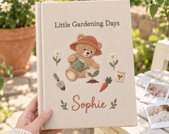 Personalized Gardening Bear Hand Embroidered Photo Album, Gardening Days Book, Baby Shower Gift