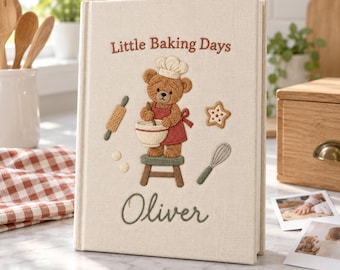 Personalized Baking Bear Hand Embroidered Photo Album, Baking Days Book, Baby Shower Gift