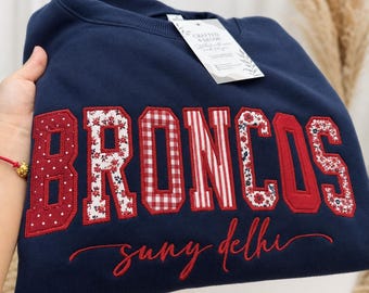 Embroidered Broncos Sweatshirt,  Applique Letter Crewneck, SUNY Delhi College Game Day Sweater, Custom Mascot Nursing Student Gift Pullover