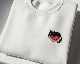 Black Cat Watermelon Embroidered Sweatshirt, Fruit Lover T-Shirt, Cute Cat Lover Tee, Kawaii Embroidery Gift for Women, Trendy Summer Shirt