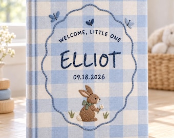 Personalized Bunny Baby Hand Embroidered Photo Album, Custom Name Newborn Keepsake, Baby Shower Gift