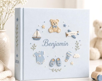 Personalized Baby Boy Embroidered Photo Album, Custom Baby Memory Book, Bear Keepsake Album
