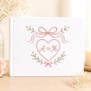 Personalized Initial Hand Embroidered Guest Book, Bow Heart Wedding Keepsake Book, Bridal Shower Gift