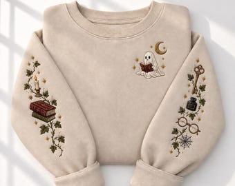 Embroidered Reading Ghost Sweatshirt, Spooky Book Lover Sleeve Crewneck, Dark Academia Bookish Halloween Sweater, Cute Ghost Reader Gift Top
