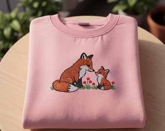 Embroidered Fox Mom Sweatshirt, Fox Family Crewneck, Forest Animal Gift, Cottagecore Fox Shirt, Cozy Nature Lover Hoodie