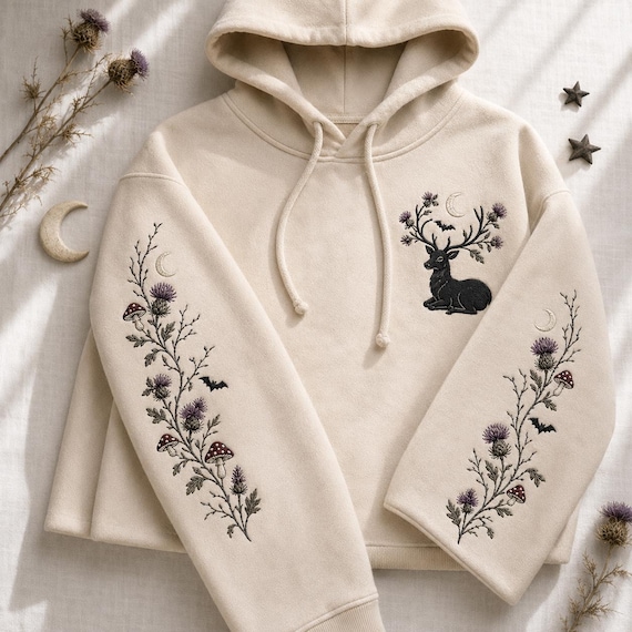 Embroidered Celestial Deer Hoodie, Witchy Cottagecore Mushroom Sleeve Sweatshirt, Whimsigoth Forest Stag Pullover Gift For Her