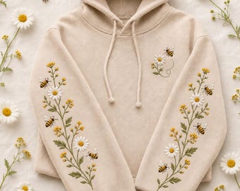 Embroidered Bee Daisy Hoodie, Honeybee Sleeve Sweatshirt, Botanical Wildflower Pullover, Cottagecore Nature Lover Gift, Quote Sleeve Shirt