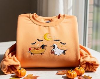 Dachshund Halloween Embroidered Sweatshirt, Cute Dog Costume Crewneck, Weiner Dog Gifts, Spooky Season Tee, Fall Dog Shirt, Gift For Her