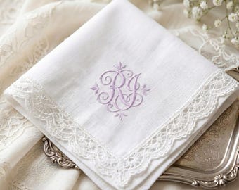 Personalized Monogram Wedding Handkerchief, Embroidered Bridal Hanky, Custom Initial Lace Handkerchief Gift