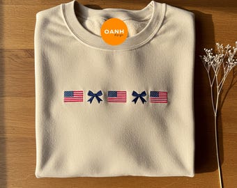 Broderad tröja med amerikansk flagga och rosett, kokett 4 juli-tröja, patriotisk sommartröja, flickig USA-tröja, självständighetsdagen-present
