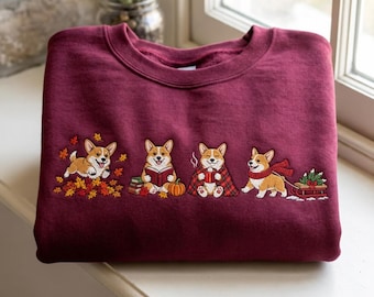 Embroidered Fall Winter Corgi Sweatshirt, Autumn Holiday Dog Lover Crewneck, Thanksgiving Christmas Pumpkin Cozy Pullover, Cute Pet Mom Gift