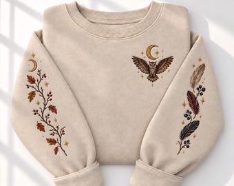 Sudadera bordada con búho, jersey de cuello redondo con luna creciente, suéter de manga con hojas de otoño, jersey botánico con plumas, regalo mágico del bosque para mujer